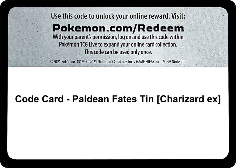 Code Card Paldean Fates Tin Charizard ex  (SV: Paldean Fates)  | Good Games Adelaide SA