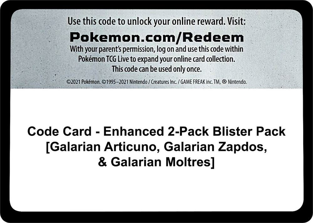 Code Card Enhanced 2 Pack Blister Pack Galarian Articuno Galarian Zapdos and Galarian Moltres  (Miscellaneous Cards & Products)  | Good Games Adelaide SA