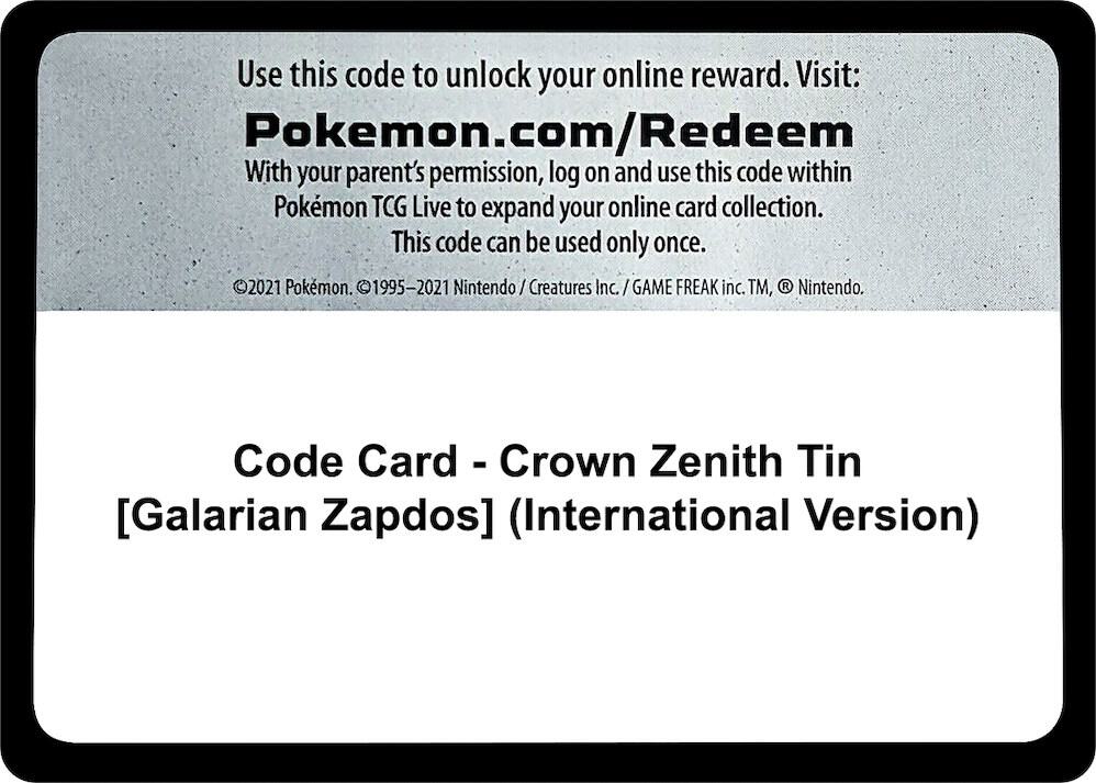 Code Card Crown Zenith Tin Galarian Zapdos International Version  (Crown Zenith)  | Good Games Adelaide SA