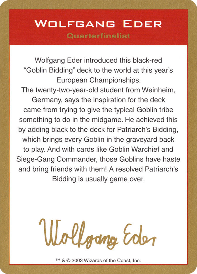 Wolfgang Eder Bio  (World Championship Decks)  | Good Games Adelaide SA