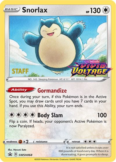 Snorlax (SWSH068) (Staff Prerelease Promo) [Sword & Shield: Black Star Promos] | Good Games Adelaide SA