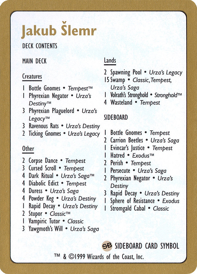Jakub Šlemr Decklist (1999)  (World Championship Decks)  | Good Games Adelaide SA