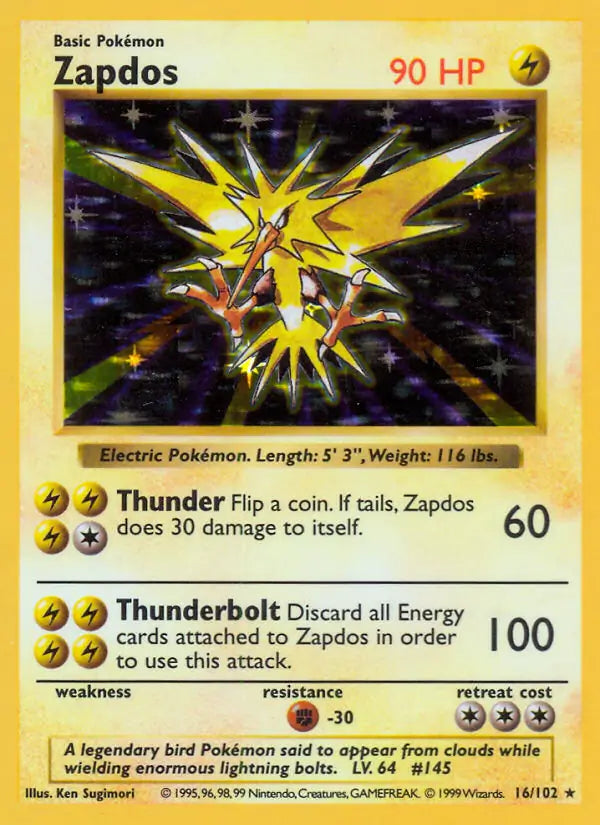 Zapdos 016/102 (Base Set (Shadowless))  - Unlimited Holofoil | Good Games Adelaide SA