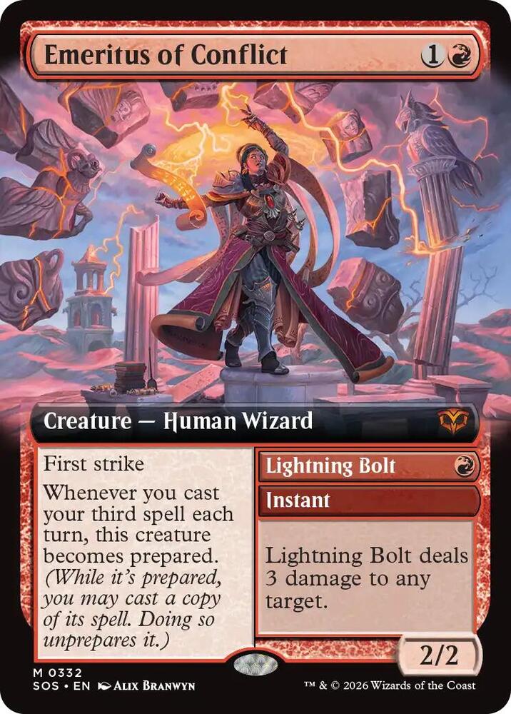Emeritus of Conflict // Lightning Bolt 332 (Secrets of Strixhaven)  - Extended Art Foil | Good Games Adelaide SA