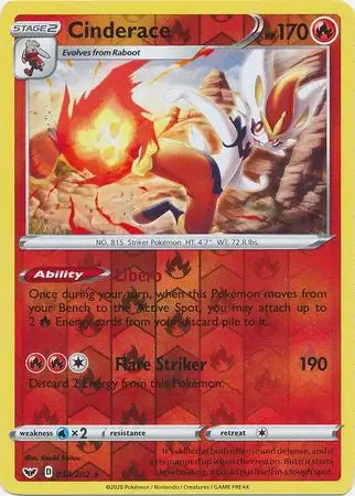 Cinderace 034/202 (SWSH01: Sword & Shield Base Set)  - Reverse Holofoil | Good Games Adelaide SA