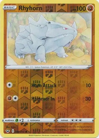Rhyhorn 096/202 (SWSH01: Sword & Shield Base Set)  - Reverse Holofoil | Good Games Adelaide SA