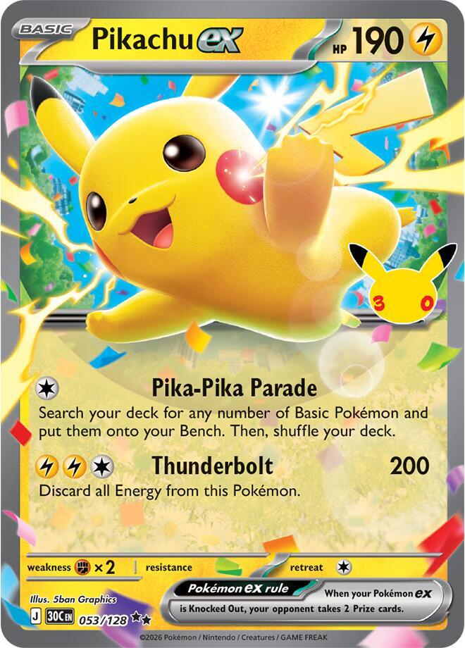 Pikachu ex 053/128 (ME: 30th Celebration)  - Holofoil | Good Games Adelaide SA