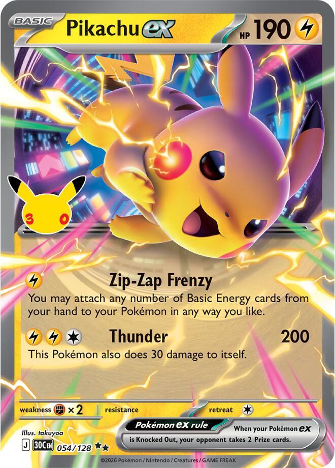 Pikachu ex 054/128 (ME: 30th Celebration)  - Holofoil | Good Games Adelaide SA