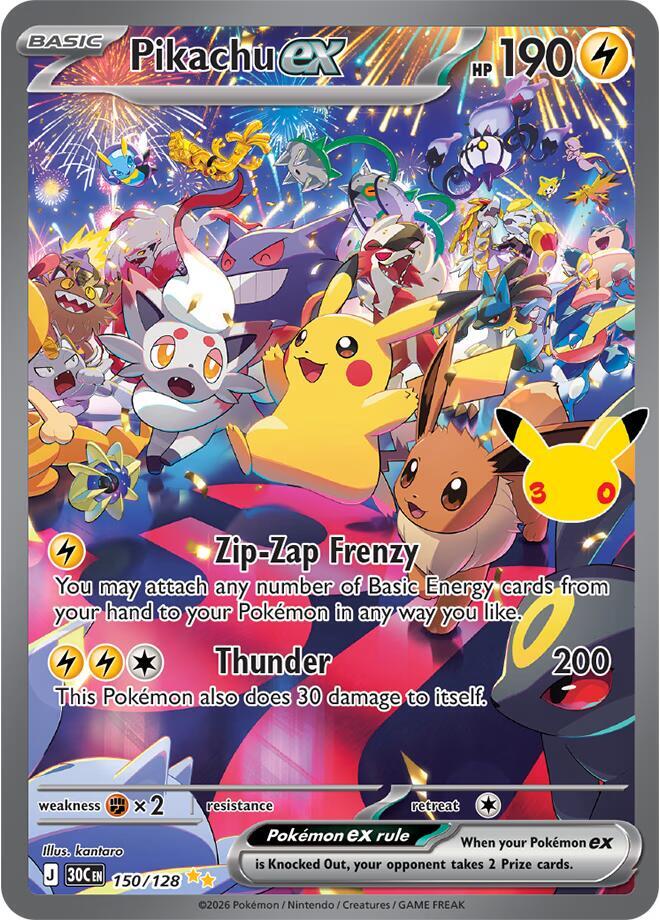 Pikachu ex 150/128 (ME: 30th Celebration)  - Holofoil | Good Games Adelaide SA