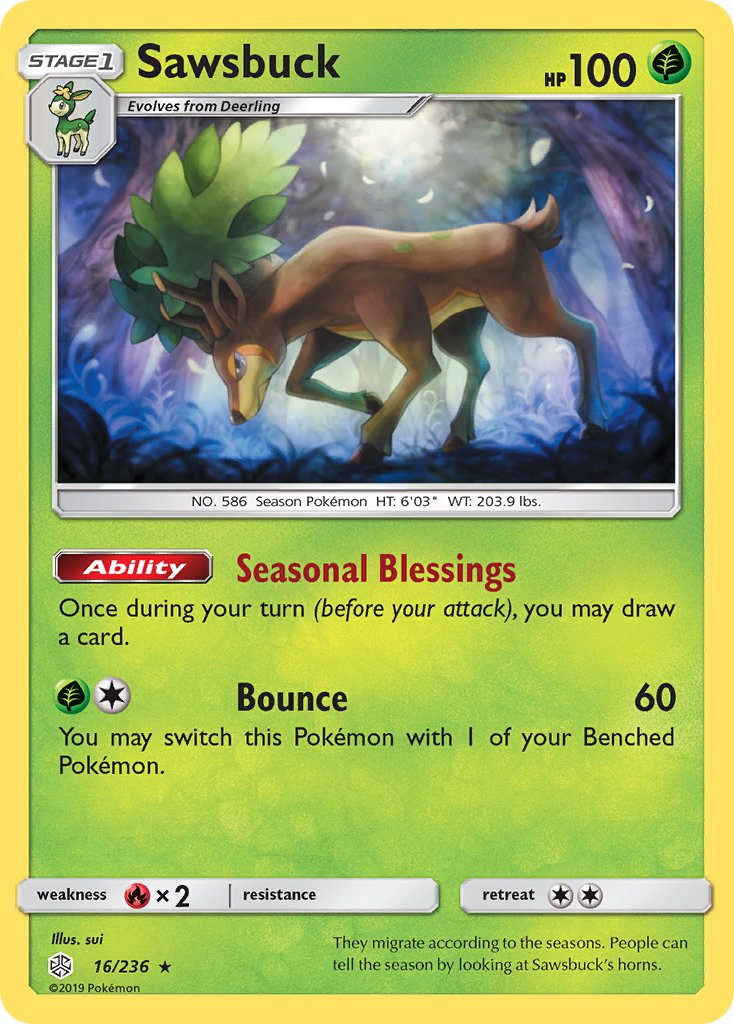 Sawsbuck (16/236) (Prerelease Kit Exclusive) (Theme Deck Exclusive) [Sun & Moon: Cosmic Eclipse] | Good Games Adelaide SA