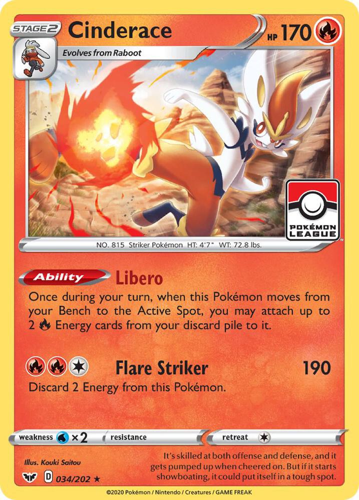 Cinderace 034 202 Pokemon League 034/202 (League & Championship Cards)  - Reverse Holofoil | Good Games Adelaide SA