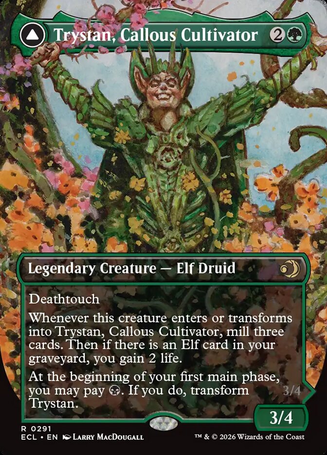 Trystan, Callous Cultivator // Trystan, Penitent Culler  291/408 (Lorwyn Eclipsed)  - Borderless Foil | Good Games Adelaide SA