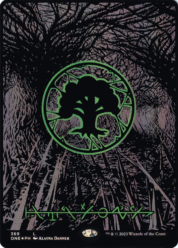 Forest Phyrexian Full Art Oil Slick Raised Foil 369 (Phyrexia: All Will Be One)  - Foil | Good Games Adelaide SA