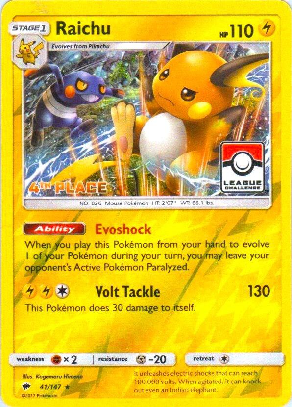 Raichu 41 147 League Challenge 4th Place 041/147 (League & Championship Cards)  - Reverse Holofoil | Good Games Adelaide SA