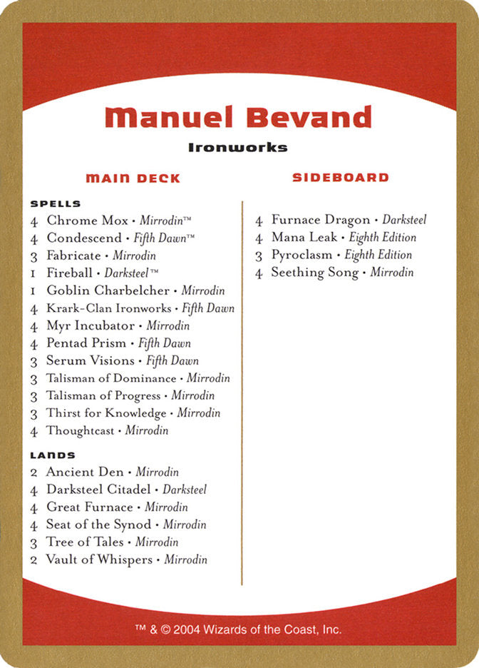 Manuel Bevand Decklist [World Championship Decks 2004] | Good Games Adelaide SA