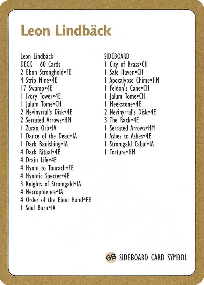 1996 Leon Lindback Decklist Card  (World Championship Decks)  | Good Games Adelaide SA
