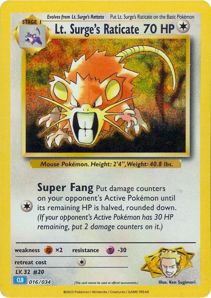 Lt. Surge's Raticate 016/034 (Trading Card Game Classic)  - Holofoil | Good Games Adelaide SA