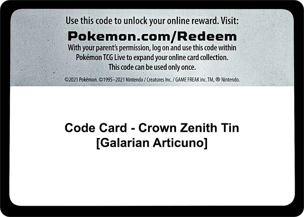 Code Card Crown Zenith Tin Galarian Articuno  (Crown Zenith)  | Good Games Adelaide SA