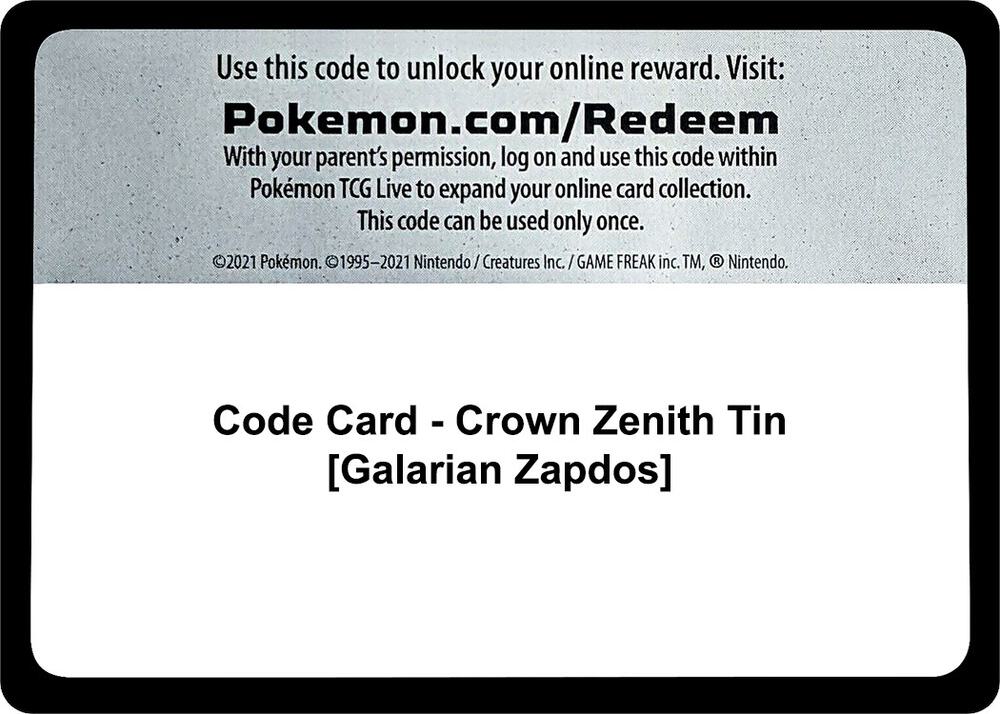 Code Card Crown Zenith Tin Galarian Zapdos  (Crown Zenith)  | Good Games Adelaide SA