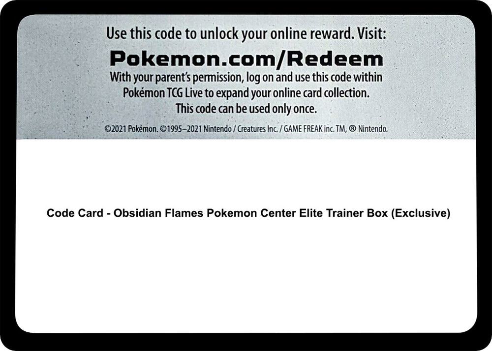 Code Card Obsidian Flames Pokemon Center Elite Trainer Box Exclusive  (SV03: Obsidian Flames)  | Good Games Adelaide SA