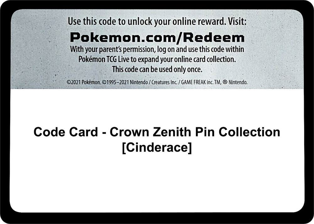 Code Card Crown Zenith Pin Collection Cinderace  (Crown Zenith)  | Good Games Adelaide SA