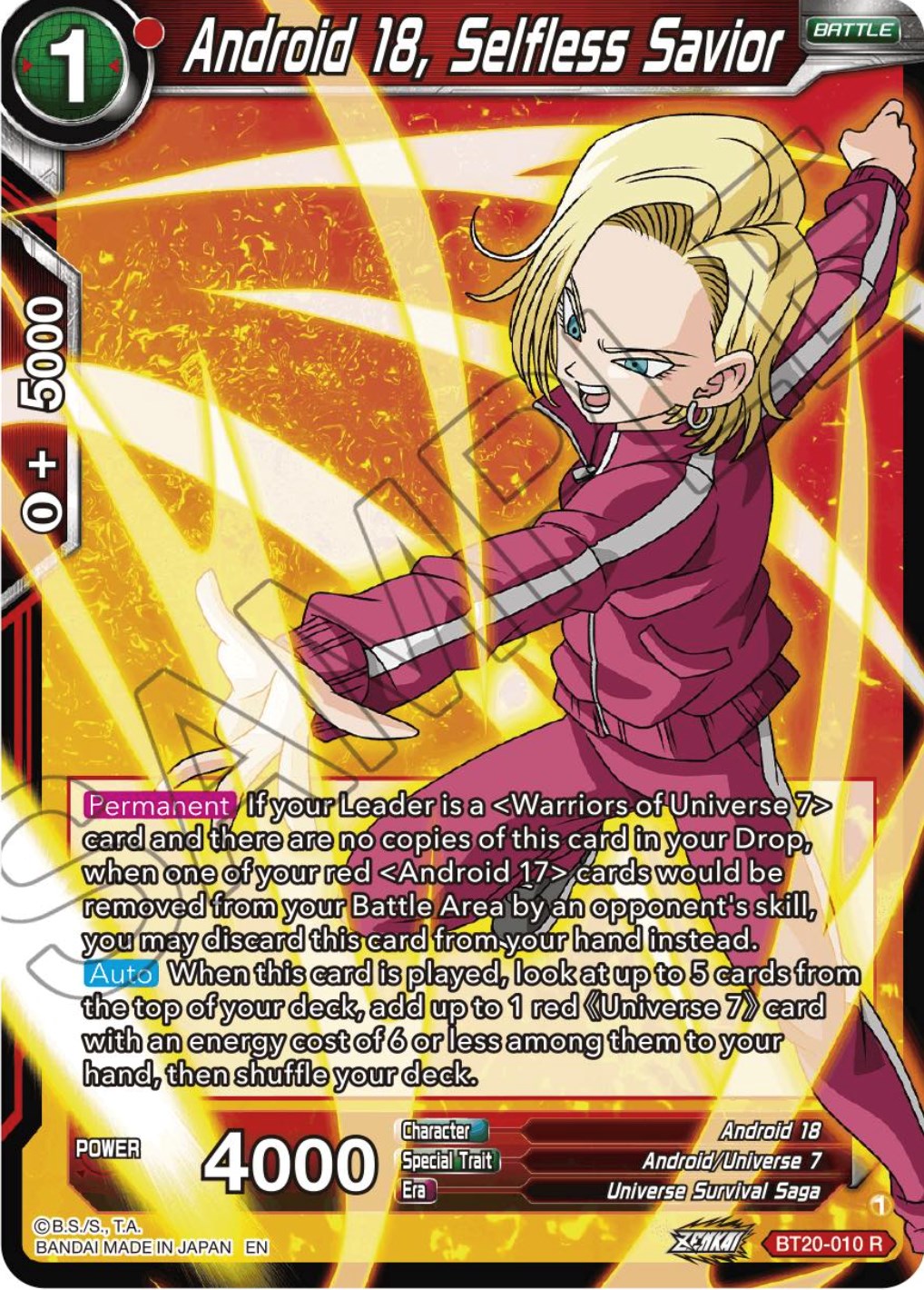 Android 18, Selfless Savior (BT20-010) [Power Absorbed] | Good Games Adelaide SA
