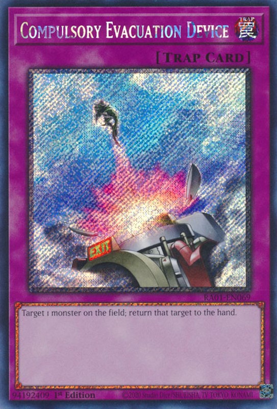 Compulsory Evacuation Device [RA01-EN069] Platinum Secret Rare | Good Games Adelaide SA