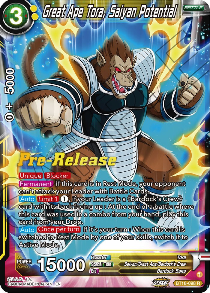 Great Ape Tora, Saiyan Potential (BT18-098) [Dawn of the Z-Legends Prerelease Promos] | Good Games Adelaide SA