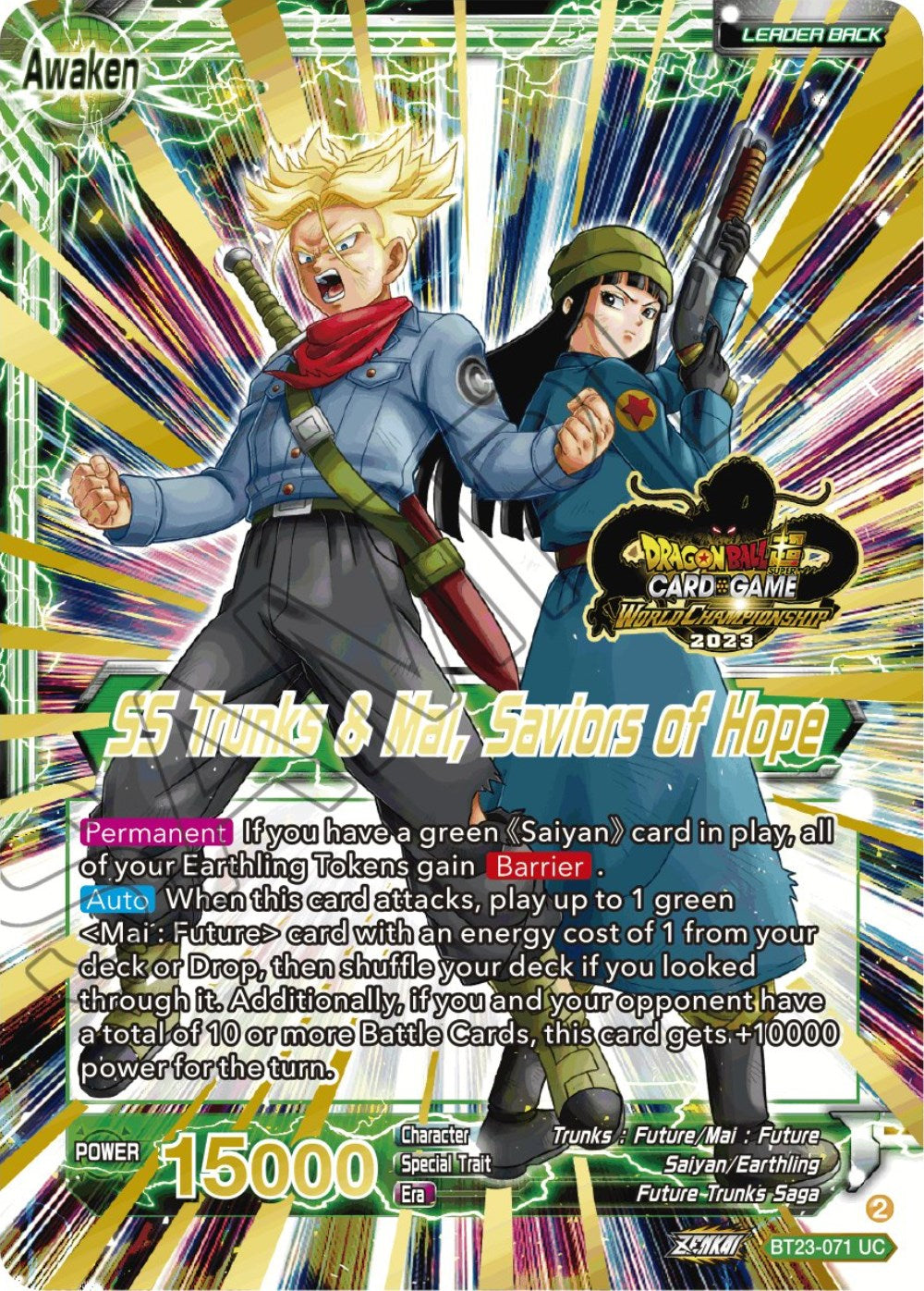 Trunks & Mai // SS Trunks & Mai, Saviors of Hope (2023 Worlds ZENKAI 06 Leader Set) (BT23-071) [Tournament Promotion Cards] | Good Games Adelaide SA