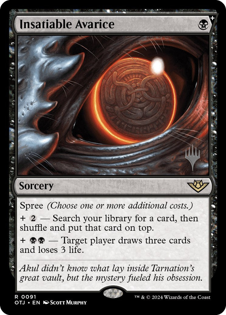 Insatiable Avarice (Promo Pack) [Outlaws of Thunder Junction Promos] | Good Games Adelaide SA