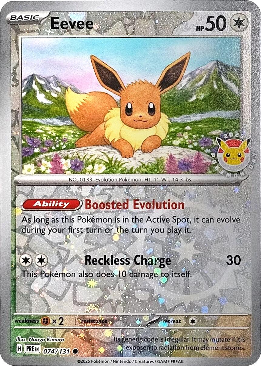 Eevee (074/131) (Pokemon Day 2025) (Reverse Cosmos Holo) [Scarlet & Violet: Prismatic Evolutions] | Good Games Adelaide SA