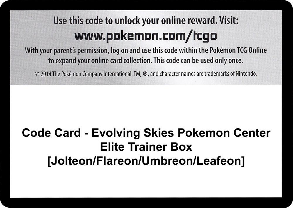Code Card Evolving Skies Pokemon Center Elite Trainer Box Jolteon Flareon Umbreon Leafeon  (SWSH07: Evolving Skies)  | Good Games Adelaide SA