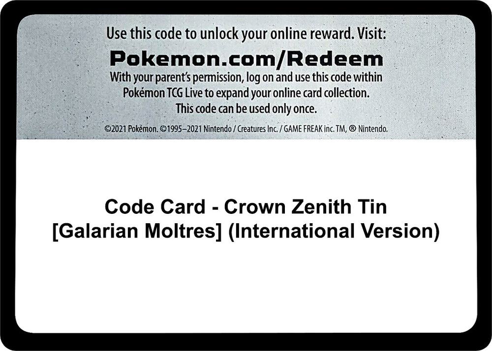 Code Card Crown Zenith Tin Galarian Moltres International Version  (Crown Zenith)  | Good Games Adelaide SA