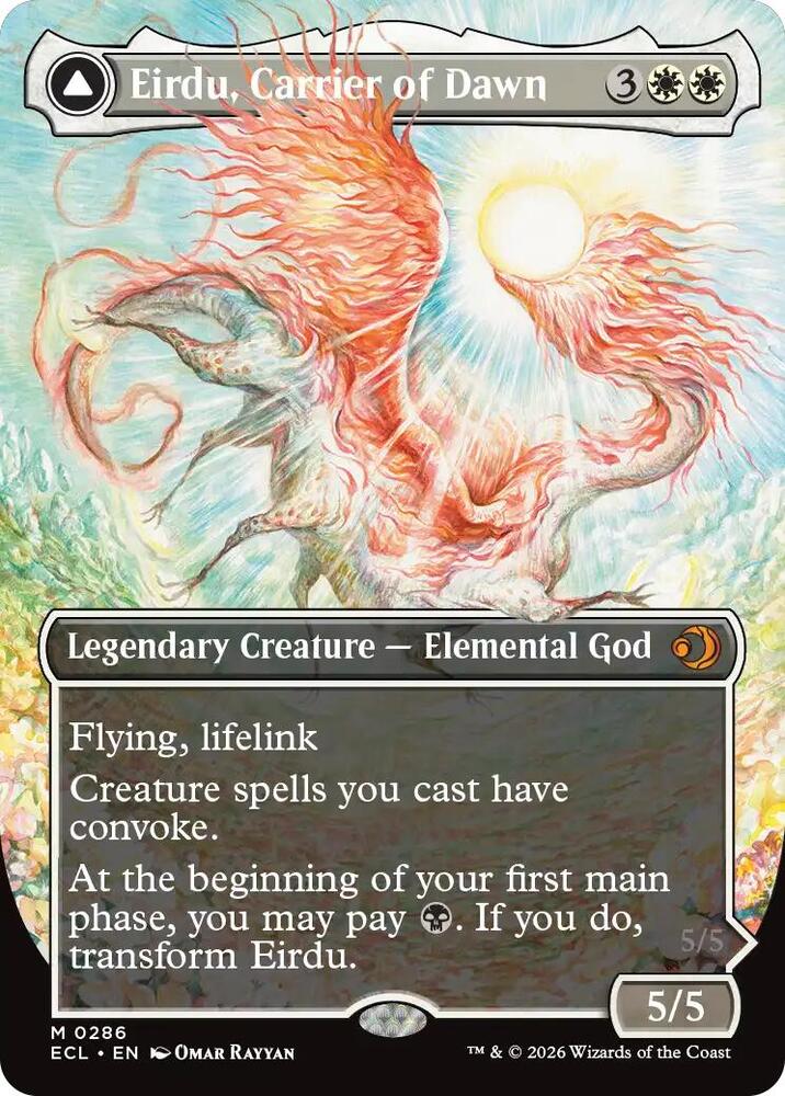 Eirdu, Carrier of Dawn // Isilu, Carrier of Twilight 286 (Lorwyn Eclipsed)  - Borderless Foil | Good Games Adelaide SA