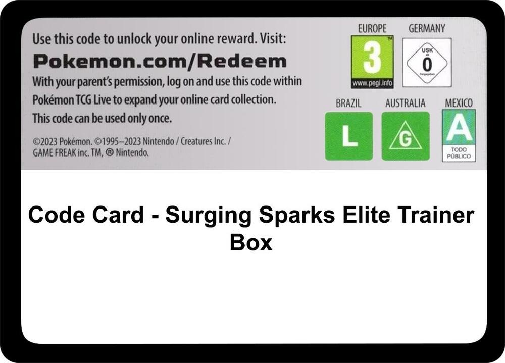 Code Card Surging Sparks Elite Trainer Box  (SV08: Surging Sparks)  | Good Games Adelaide SA