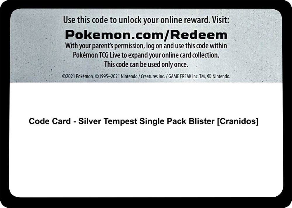 Code Card Silver Tempest Single Pack Blister Cranidos  (SWSH12: Silver Tempest)  | Good Games Adelaide SA