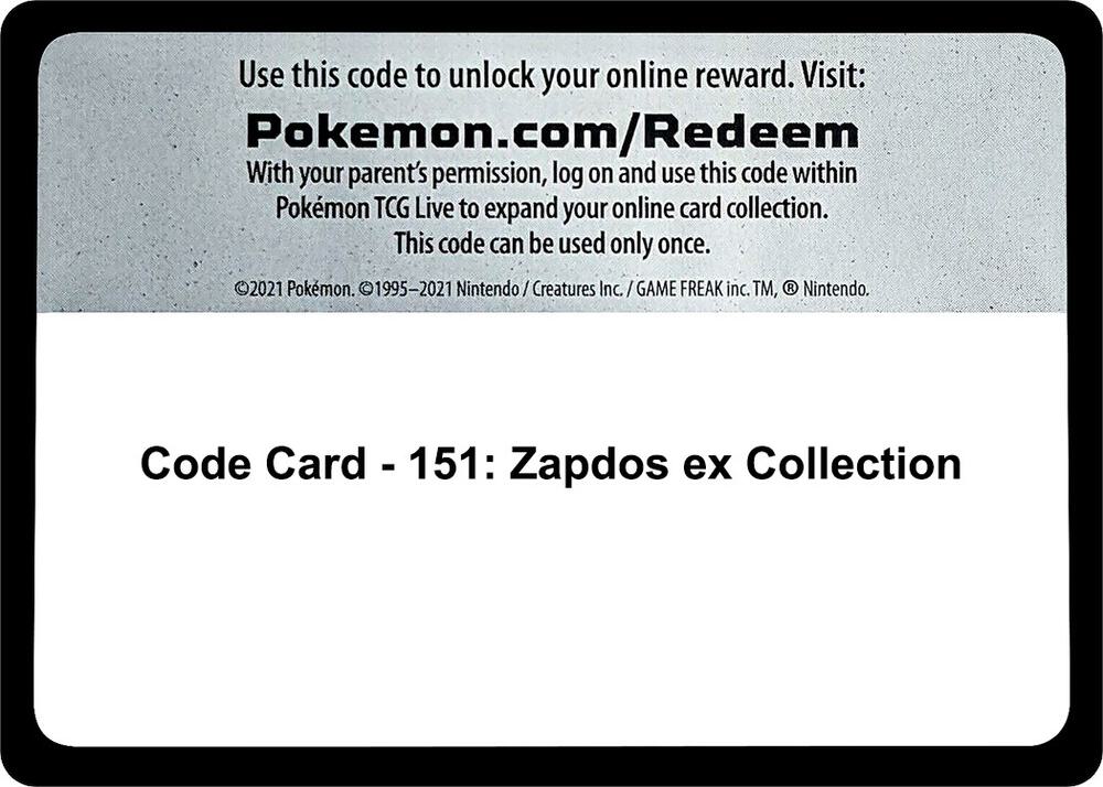 Code Card 151 Zapdos ex Collection  (SV: Scarlet & Violet 151)  | Good Games Adelaide SA