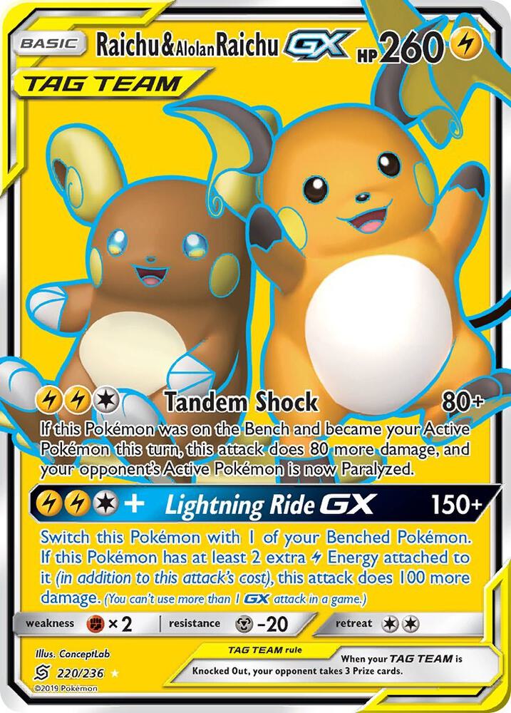 Raichu and Alolan Raichu GX Full Art 220/236 (SM - Unified Minds)  - Holofoil | Good Games Adelaide SA