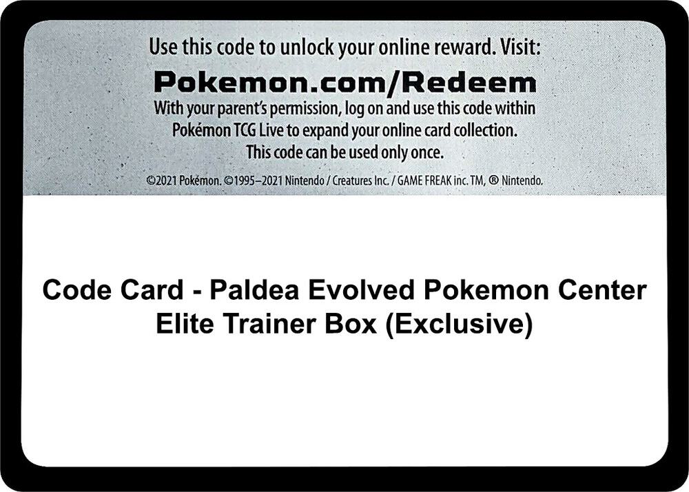 Code Card Paldea Evolved Pokemon Center Elite Trainer Box Exclusive  (SV02: Paldea Evolved)  | Good Games Adelaide SA