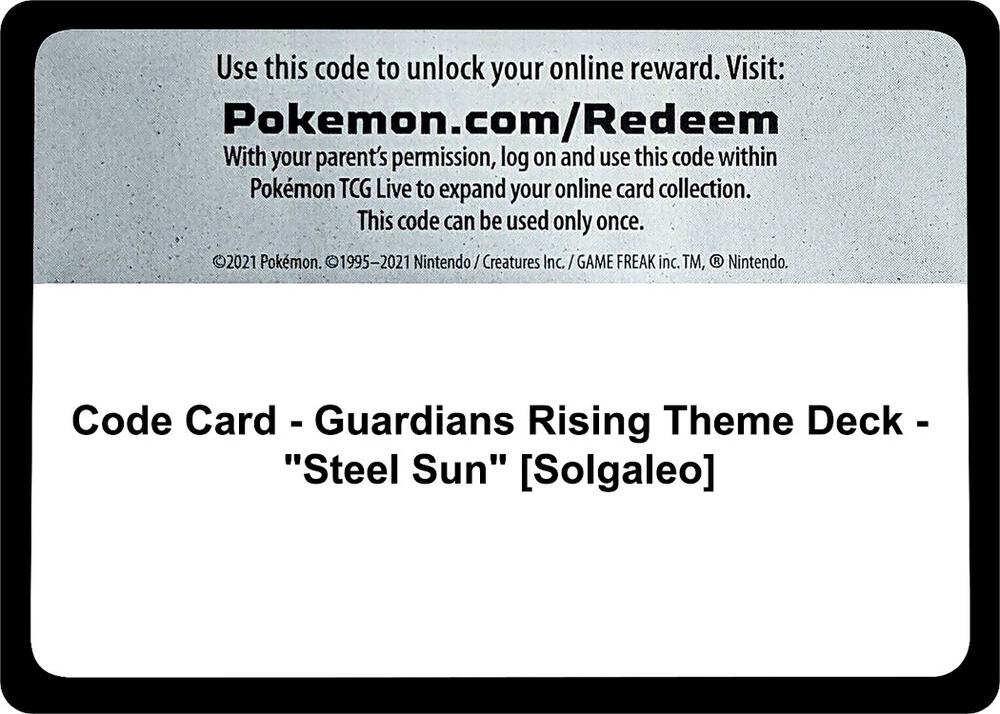Code Card Guardians Rising Theme Deck Steel Sun Solgaleo  (SM - Guardians Rising)  | Good Games Adelaide SA