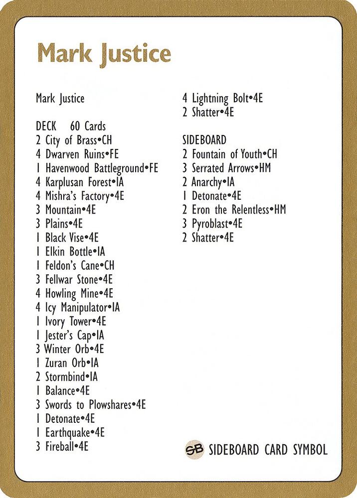 1996 Mark Justice Decklist Card  (World Championship Decks)  | Good Games Adelaide SA