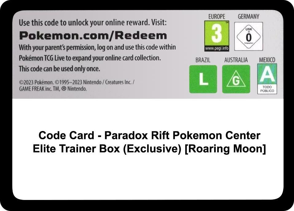 Code Card Paradox Rift Pokemon Center Elite Trainer Box Exclusive Roaring Moon  (SV04: Paradox Rift)  | Good Games Adelaide SA