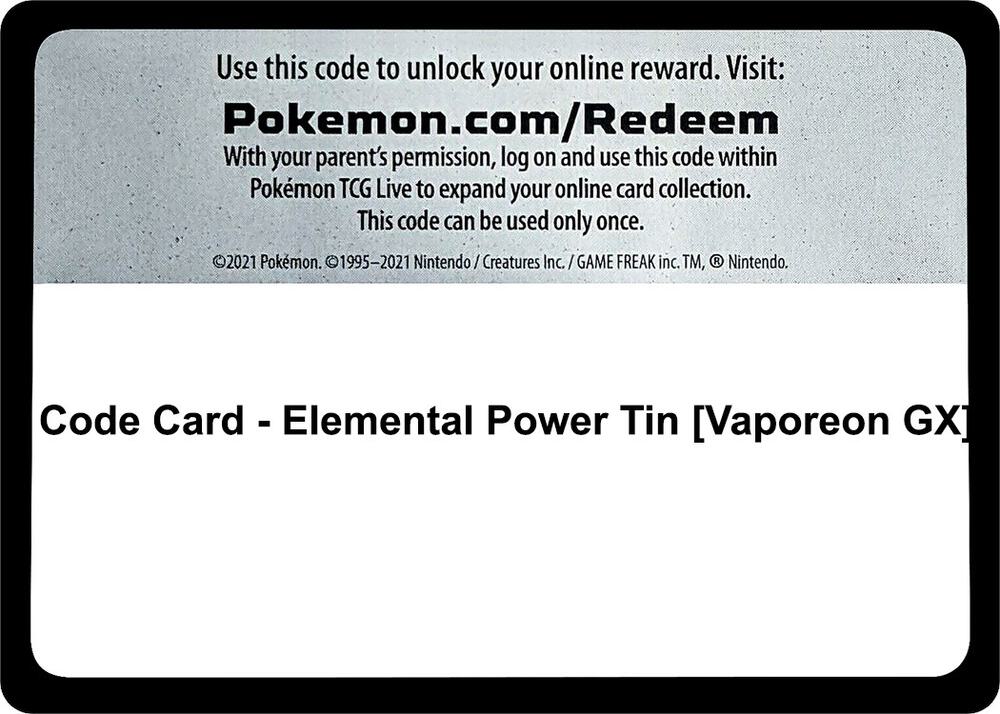 Code Card Elemental Power Tin Vaporeon GX  (Miscellaneous Cards & Products)  | Good Games Adelaide SA
