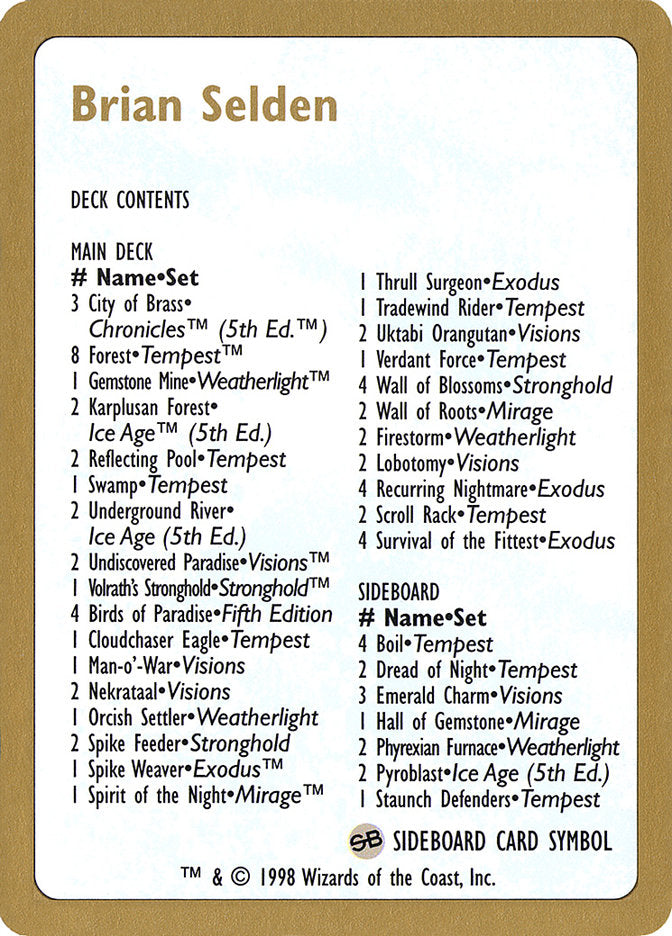 Brian Selden Decklist [World Championship Decks 1998] | Good Games Adelaide SA