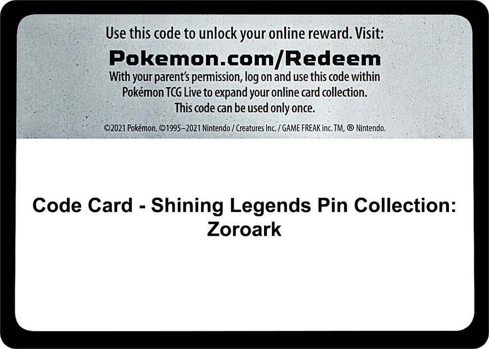 Code Card Shining Legends Pin Collection Zoroark  (Shining Legends)  | Good Games Adelaide SA