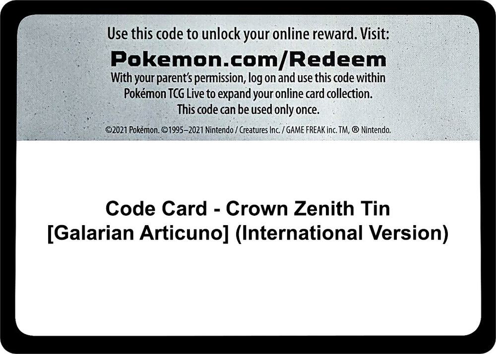 Code Card Crown Zenith Tin Galarian Articuno International Version  (Crown Zenith)  | Good Games Adelaide SA