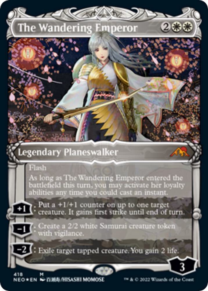 The Wandering Emperor 418 (Kamigawa: Neon Dynasty)  - Showcase Etched Foil | Good Games Adelaide SA