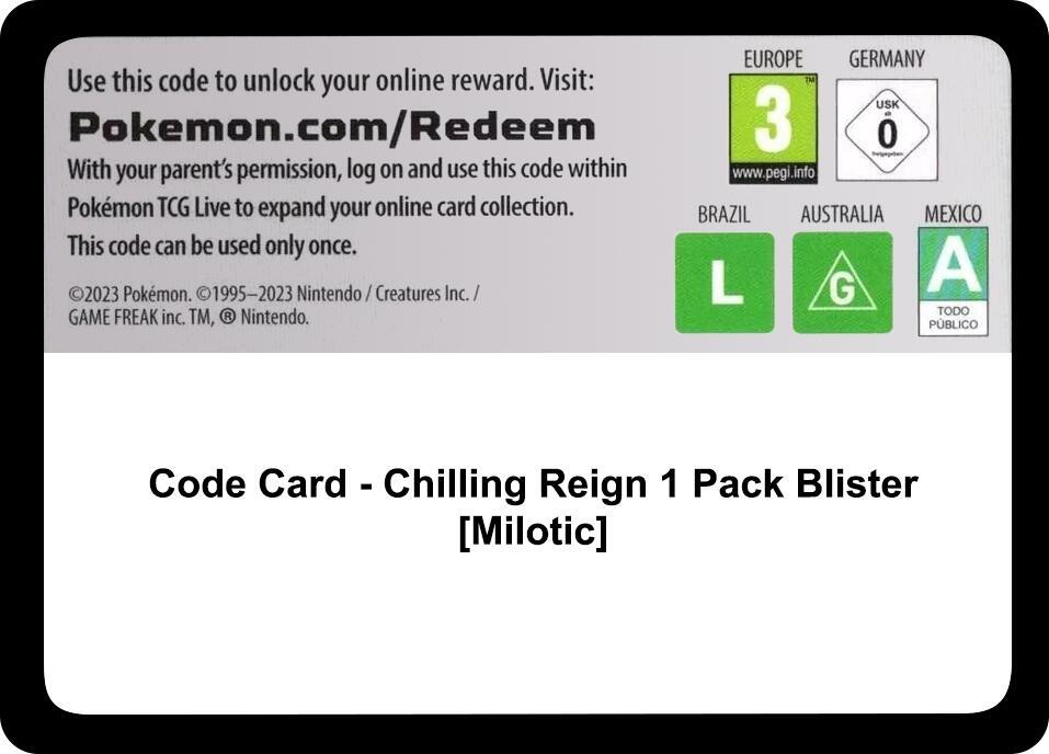 Code Card Chilling Reign 1 Pack Blister Milotic  (SWSH06: Chilling Reign)  | Good Games Adelaide SA