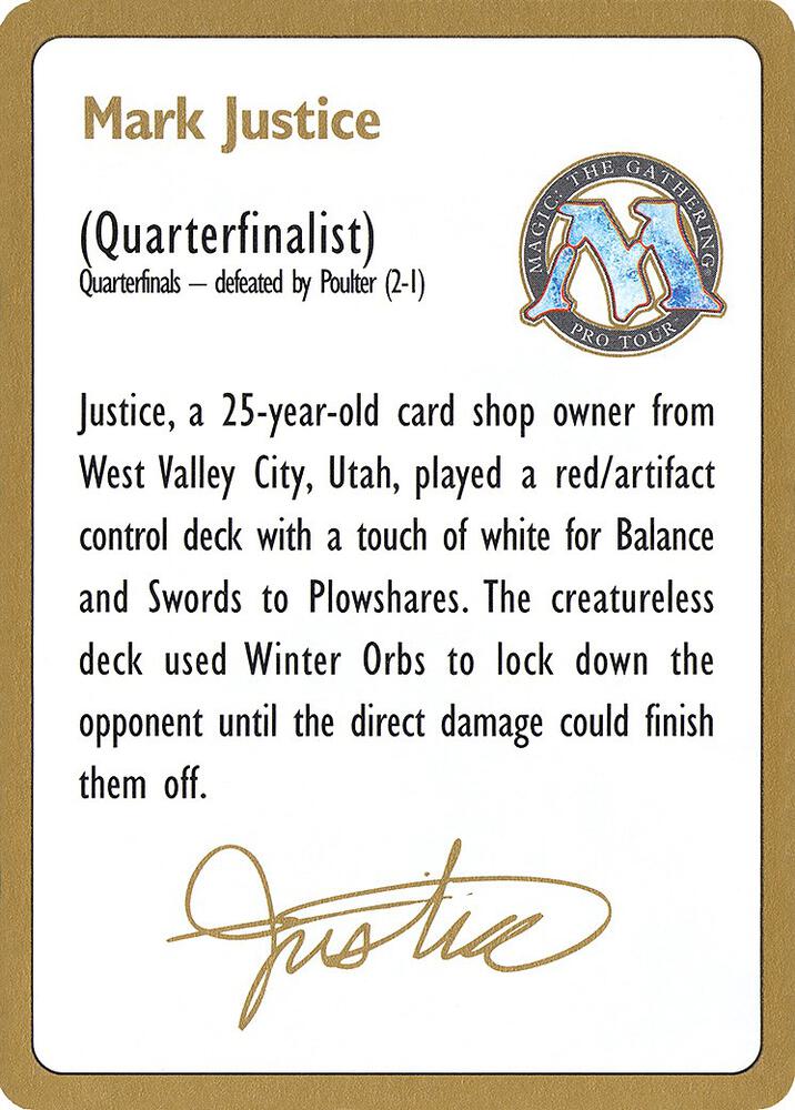 1996 Mark Justice Biography Card  (World Championship Decks)  | Good Games Adelaide SA