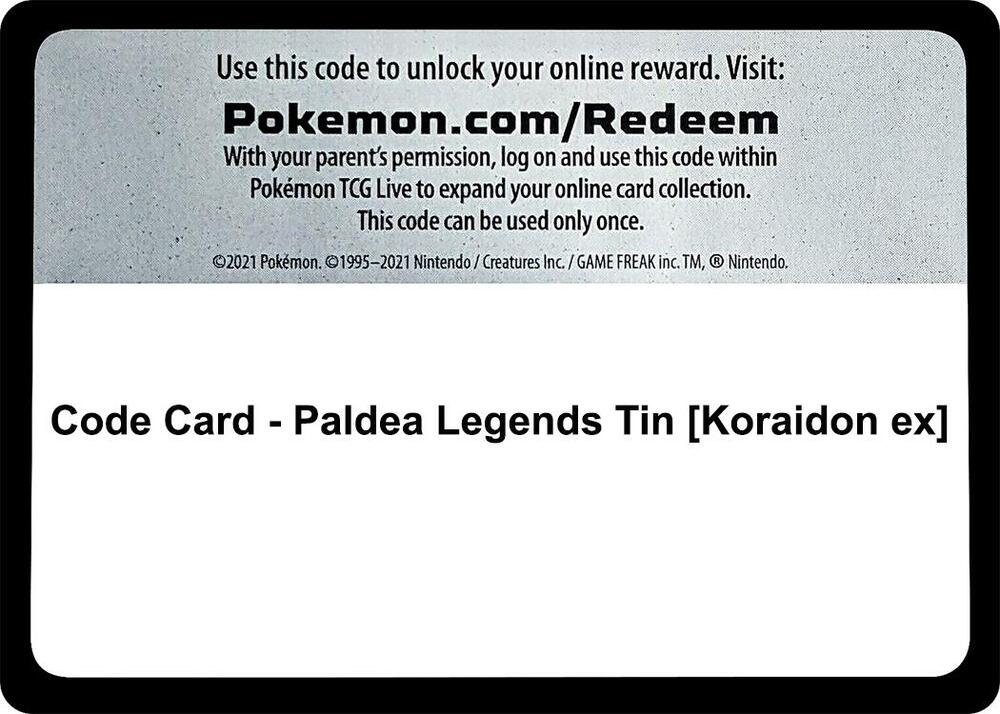 Code Card Paldea Legends Tin Koraidon ex  (Miscellaneous Cards & Products)  | Good Games Adelaide SA